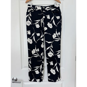 Lauren Ralph Lauren Black White Floral Pants Women Size 10 Straight Leg Stretch